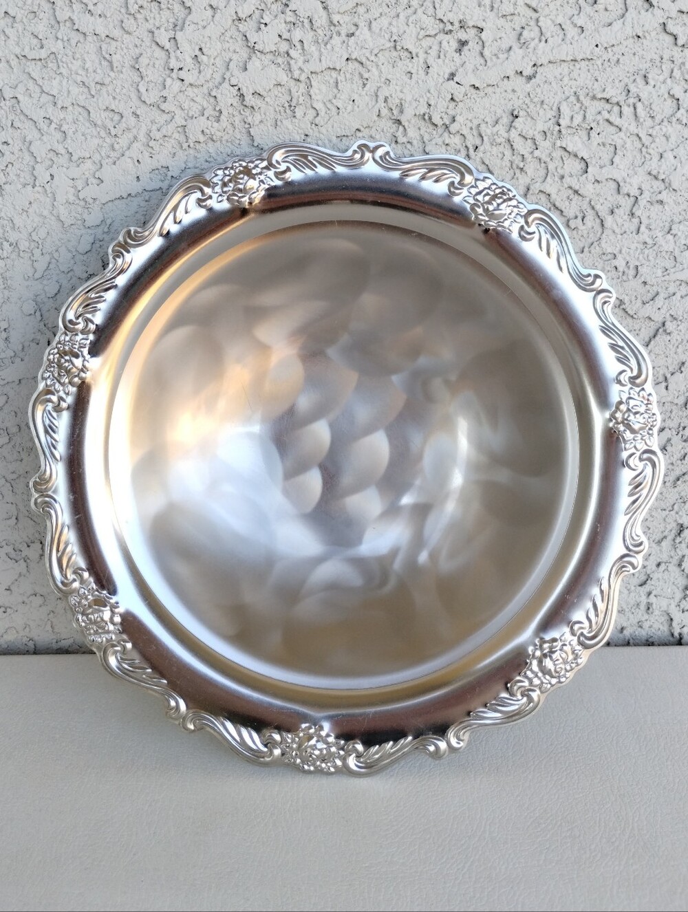 Vintage Martian Japan Stainless Steel Serving Bowl Baroque Floral Scalloped Dish